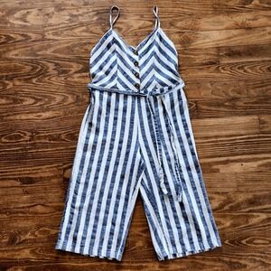 Kensie Jeans Striped Jumpsuit Juniors‎ XL Belted Jumper Linen Blend Blue White